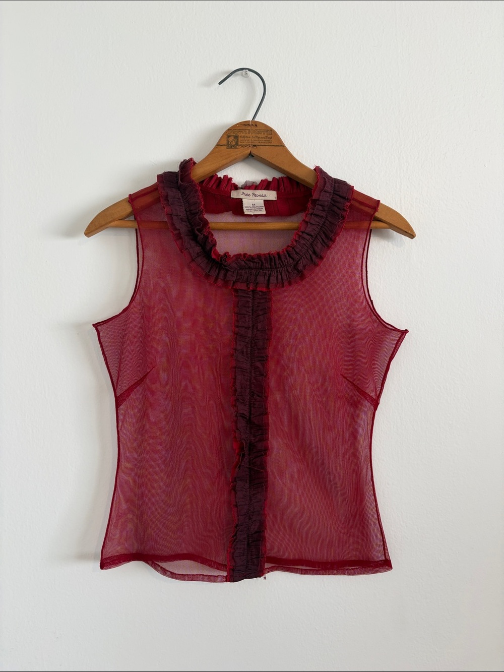 Vintage 90s Y2K Free People Sheer Burgundy Ruffled Mesh Camisole